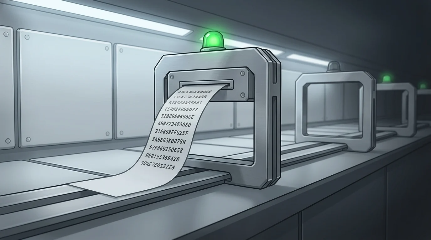 A receipt strip feeding from a granted gate frame, green lamp lit